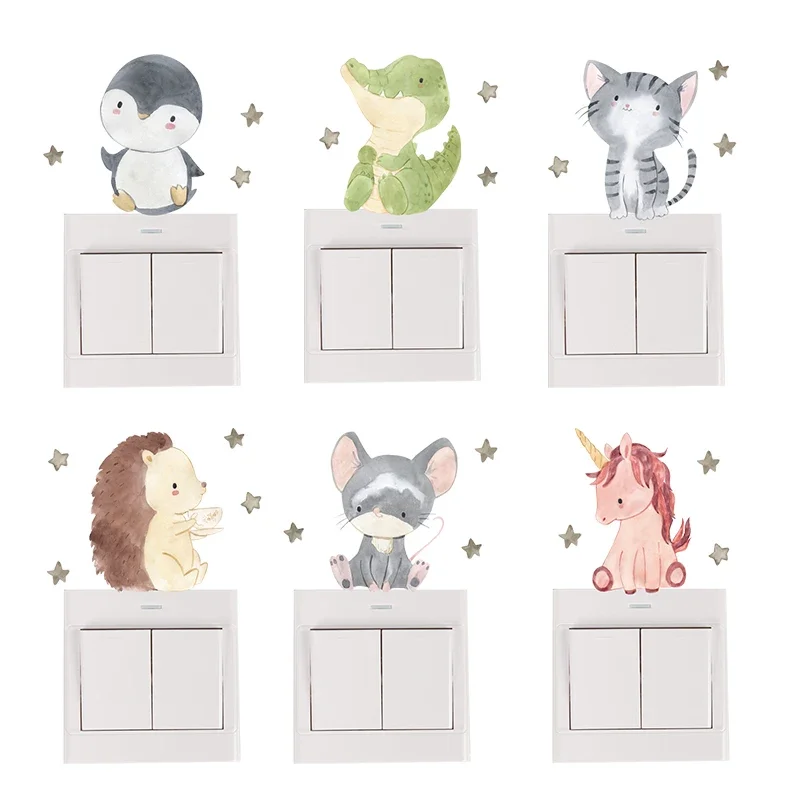 6pcs boho colorful cute animal smile switch stickers, nursery & kids room wall decor 2