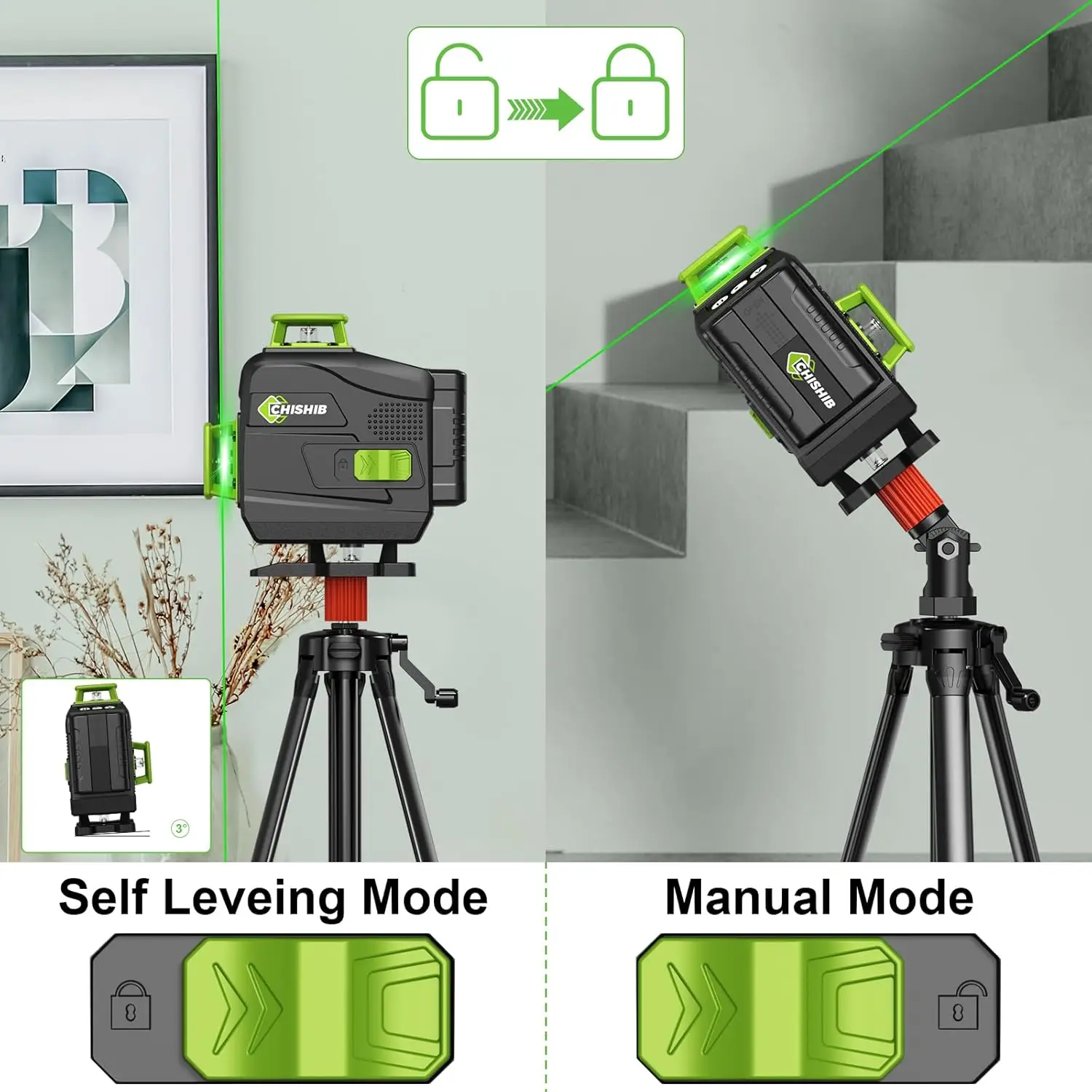 CHISHIB 4D 16 Lines Professional Laser Level with Tripod Suitcase Horizontal Vertical Green Light 360°Self-leveling Nivel Laser