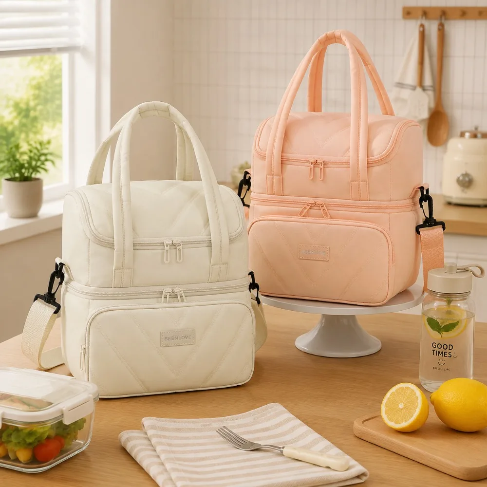 Double Layer Insulated Lunch Bag Large Capacity Waterproof Food Storage Tote Shoulder Cooler Bag for Work Picnic Camping Travel