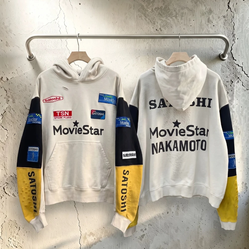 Yao Fashion Satoshi Heavy Sweatshirts Hip Hop Black Movie Star Tops Print Destroy Washing Streetwear New Vintage Hoodies for Men