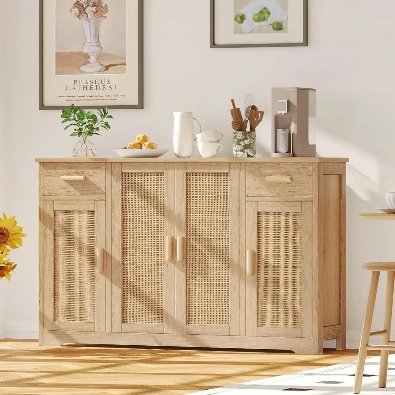 Rattan Sideboard, Storage Cabinet with Rattan Doors & Adjustable Shelves, Farmhouse Buffet Cabinet & 2 Drawers, Coffee Bar