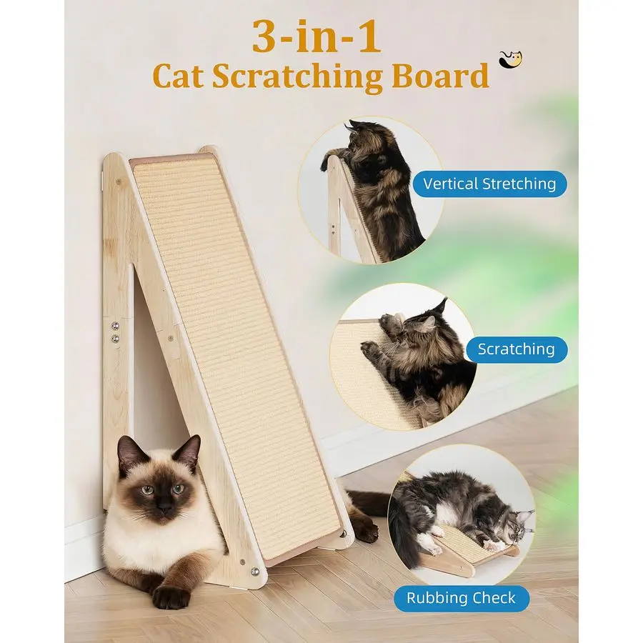 Sisal Cat Scratcher Ramp for Indoor Large Cats, Vertical Scratching Post, Wooden Cat Furniture
