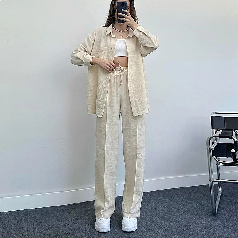 Women's 2 Piece Matching Set Long Sleeve Shirt Blouse Top with Pants Jumpsuit Playsuit Spring Summer