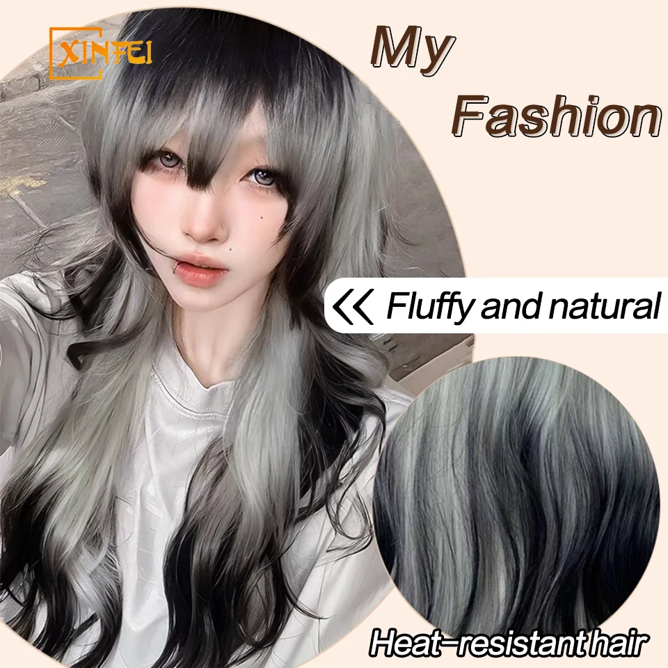 XIMFEI lungo ondulato nero e grigio gradiente parrucche Cosplay parrucche sintetiche resistenti al calore frangia parrucche Lolita naturali per le donne