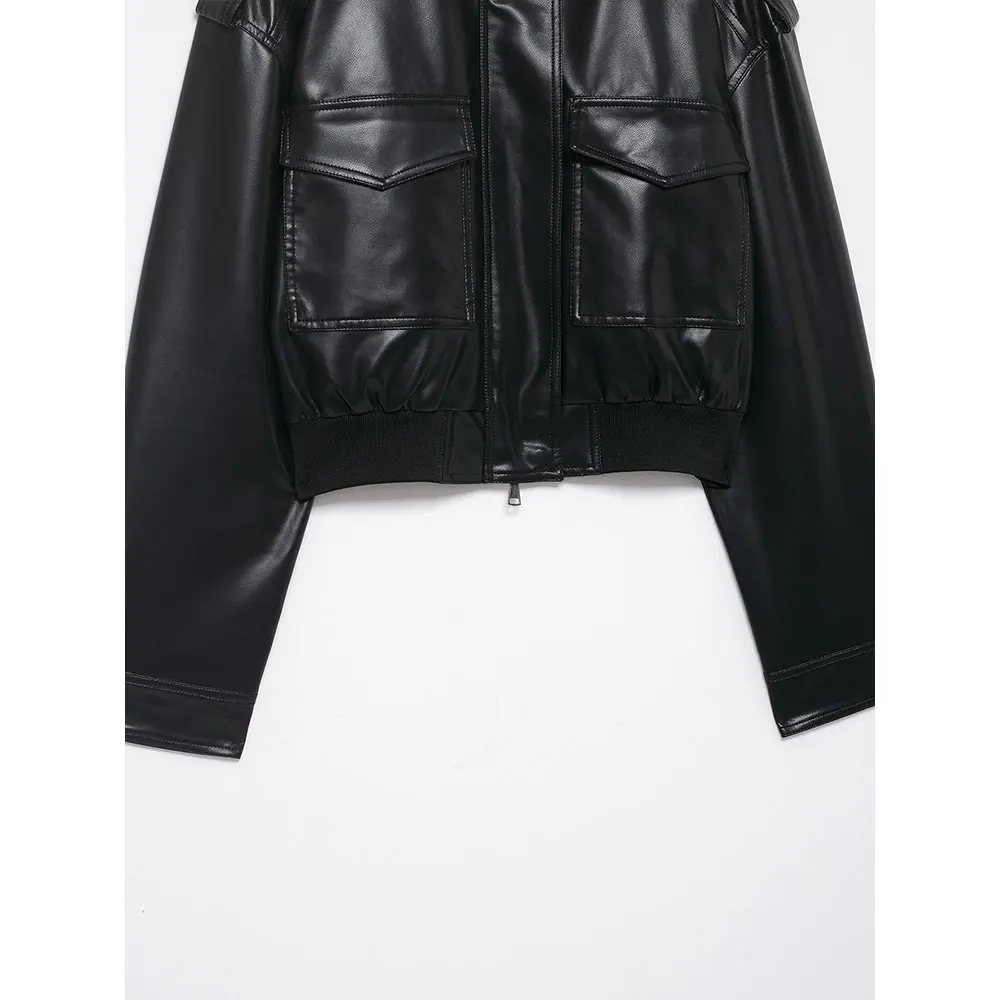 DUOPERI أزياء نسائية مع جيوب سترات سوداء من البولي يوريثان عالية الشارع برقبة عالية وأكمام طويلة معاطف نسائية أنيقة وأنيقة للسيدات