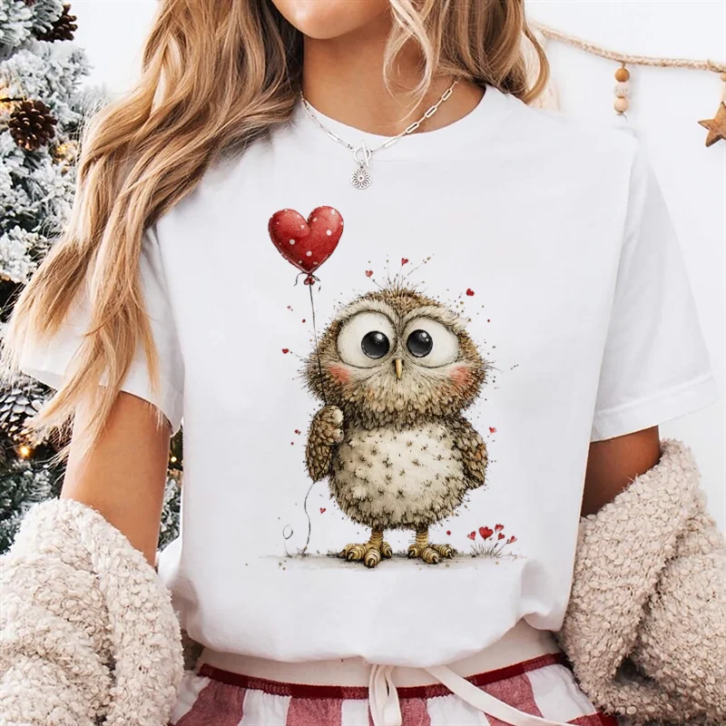 

Женская милая футболка с рисунком совы в стиле Дня святого Валентина, повседневная обычная модная белая футболка с короткими рукавами и принтом