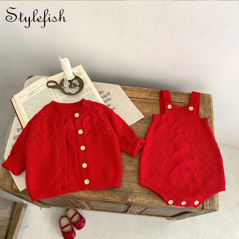 Spring Outfit Baby Girl Hollow Knit Jacket+Solid Color Suspender Knit Sweater 2 Pieces Can Be Sorted