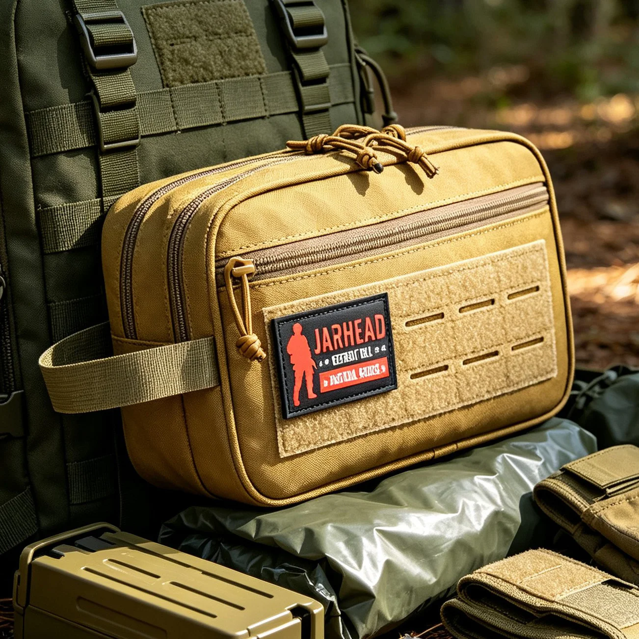 Double Zipper Tactical Toiletry Bag Travel Organizer Pouch MOLLE Hook Loop Morale Patch for Camping Hunting Hiking Daily Carry