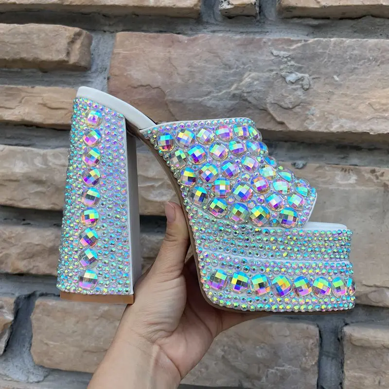 Crystal Sqaure Toe Platform Shallow Outdoor Summer Women Slippers Chunky Super High Heels Pull On Design Large Size Shoes