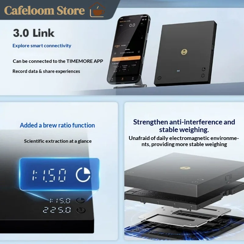 New Timemore Basic 3 Link Coffee Scale Espresso & Pour‑Over Black Mirror Coffee Digital Scale With Weighting And Timer Function