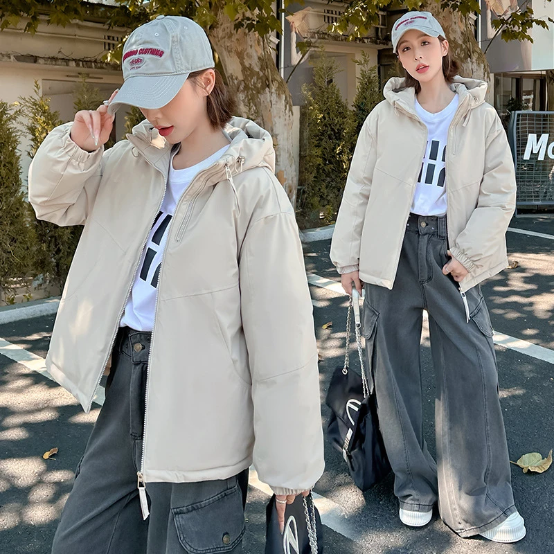 2025 패션 신상 다운 코튼 패딩 재킷 단색 가을 겨울 루즈핏 긴팔 포켓 후드 여성 숏 파카 코트