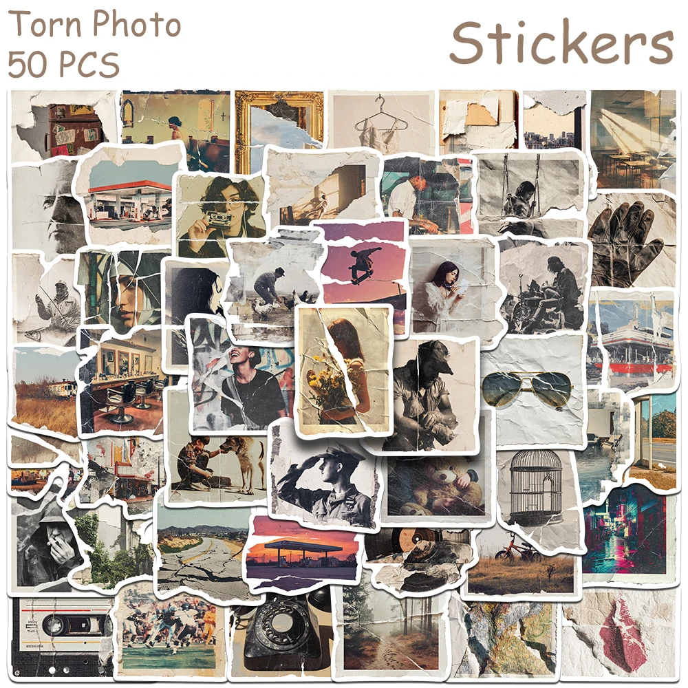 50pcs Retro Torn Photo Stickers Decals For Laptop Scrapbook Suitcase Refrigerator Guitar DIY Aesthetic Waterproof Stickers
