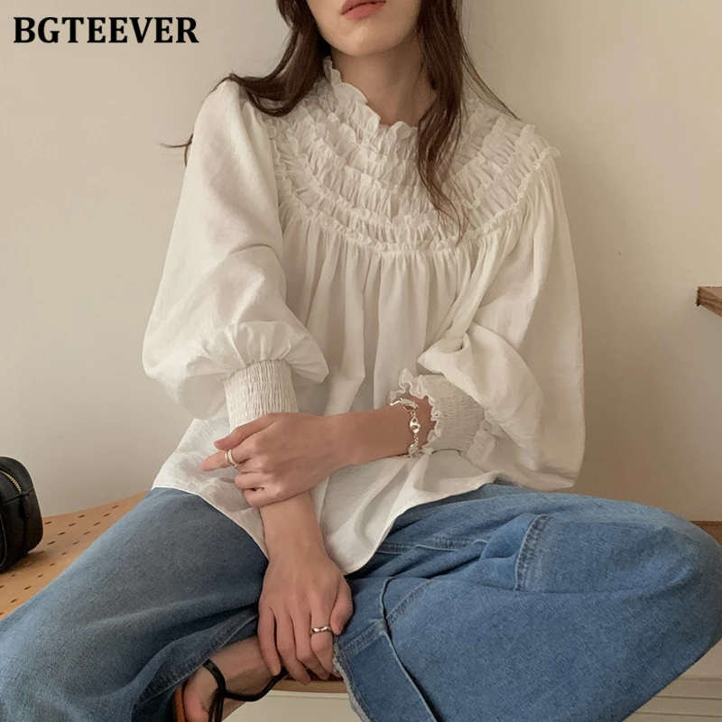 Bgteever vintage gola solta pullovers camisas para mulheres elegantes manga longa senhoras camisas blusas femininas topos