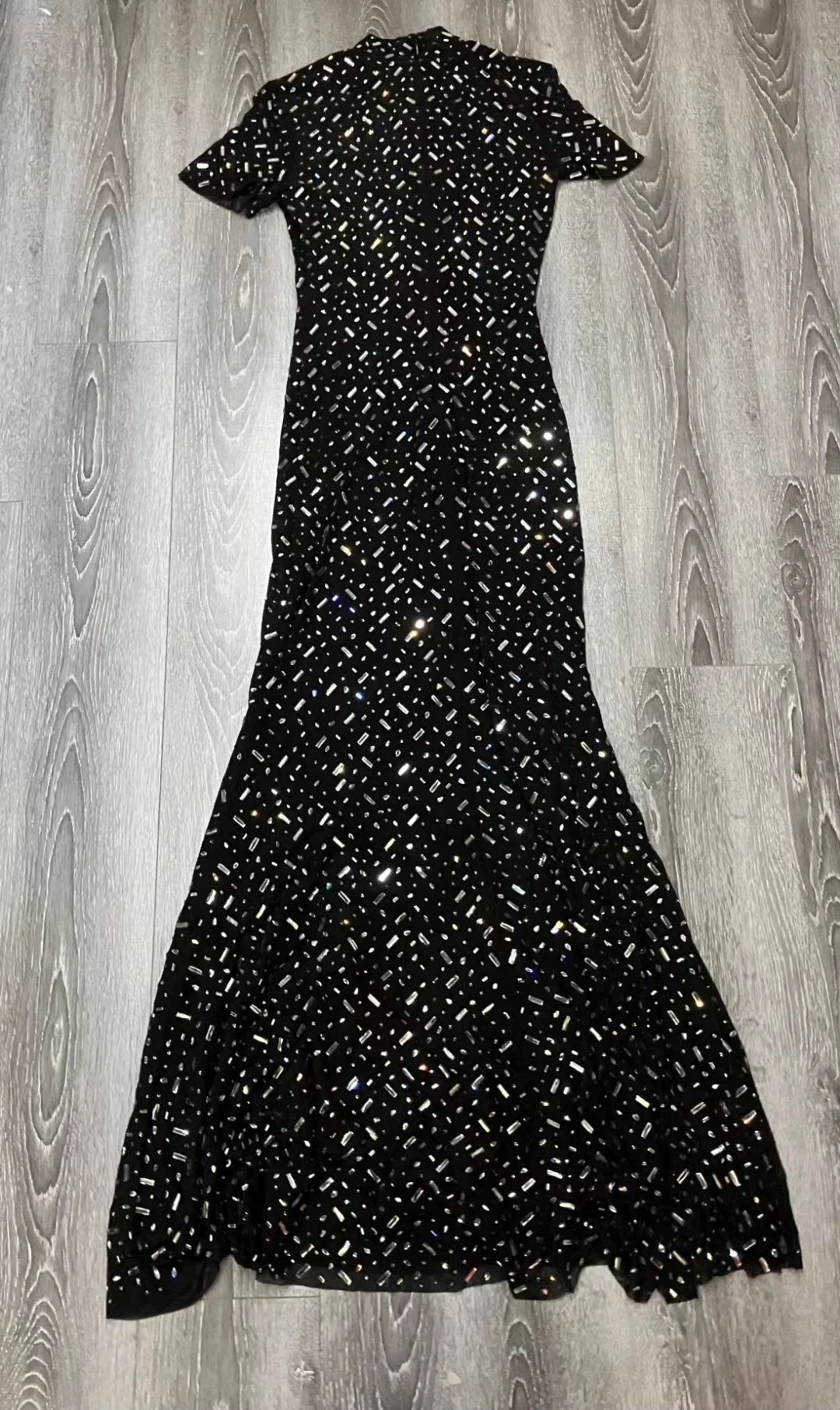 Women Black rhinestone high neck long dress fashion luxurious party Floor length dress