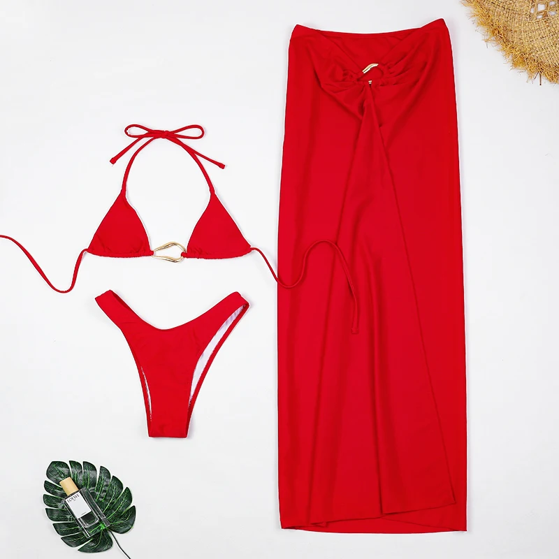 

3 Piece Bikini Set Sexy Women's Swimsuit with Long Dress Cover-Up Summer 2025 Beachwear Swim Dress for Female Bathing Suit