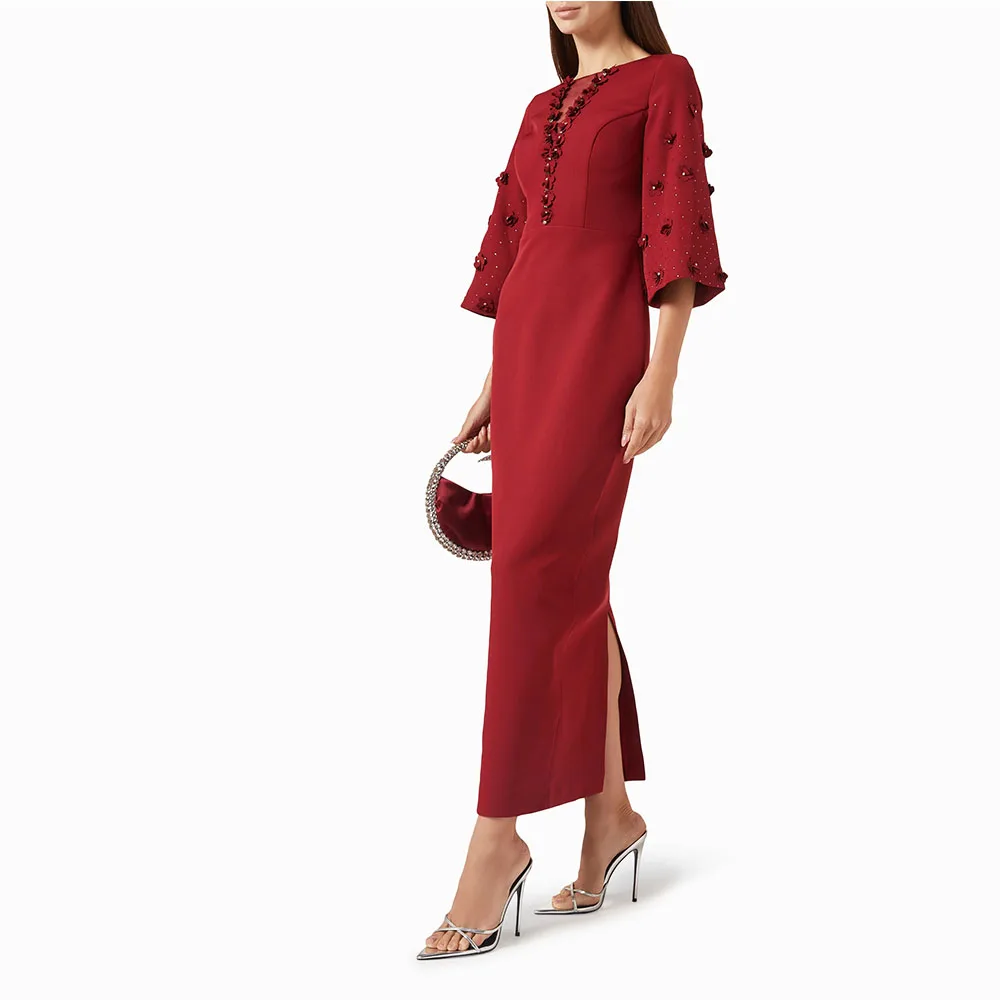 

Красное платье для выпускного вечера с круглым вырезом длиной до щиколотки Вечернее платье для женщин с рукавами 3/4 Вечернее платье с разрезом из бисера Саудовское платье с цветами