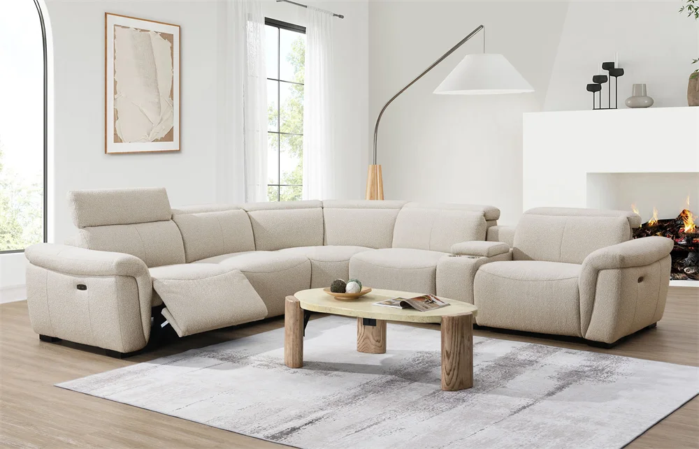 #￥European Luxury Custom Beige Boucle Power Recliner Sectional Modular Sofa Set 5 People with Cup Holder Adjustable Headrest