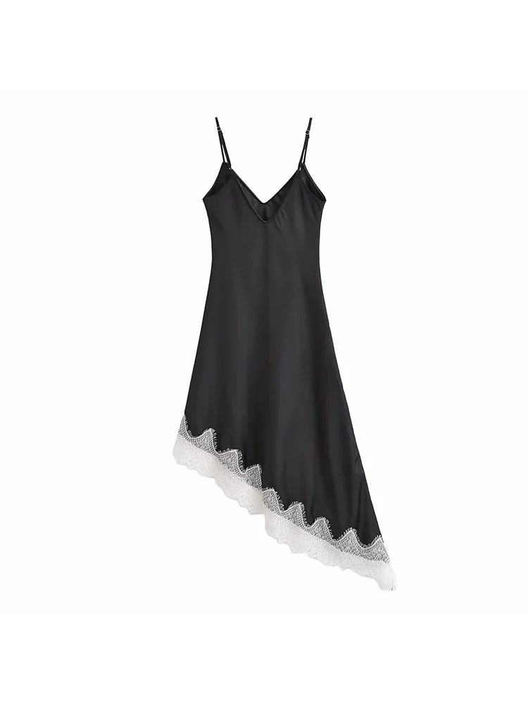 Women Fashion Sleeveless Backless Sexy Sling Dress Women's Lace Spliced Satin Texture Asymmetrical Holiday Party Lady Dress