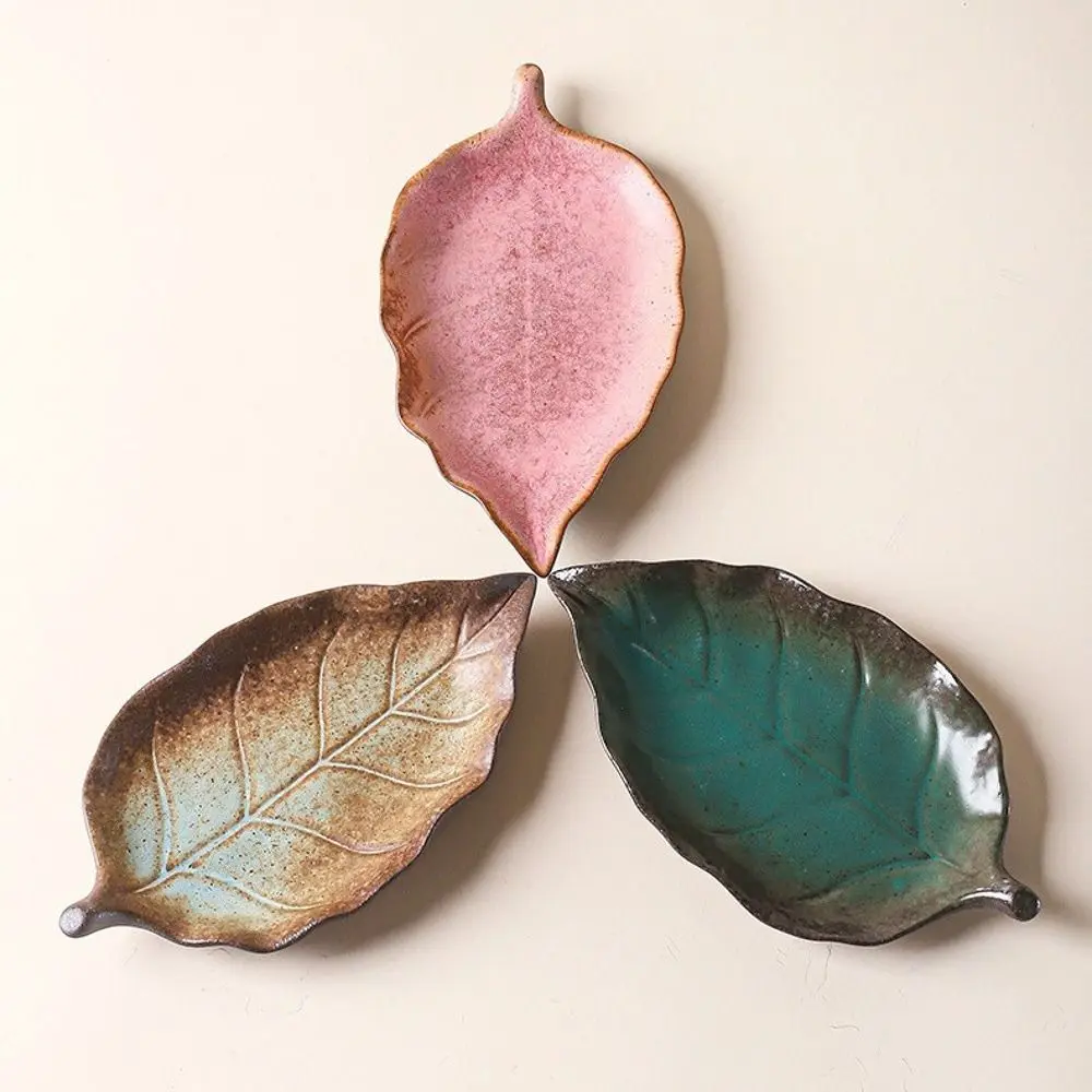 Ceramic Jewelry Dish Maple Leaf Shape Raised Edges Trinket Tray Embossed Leaf Veins Glazed Finish Maple Leaf Dish Vanity Decor