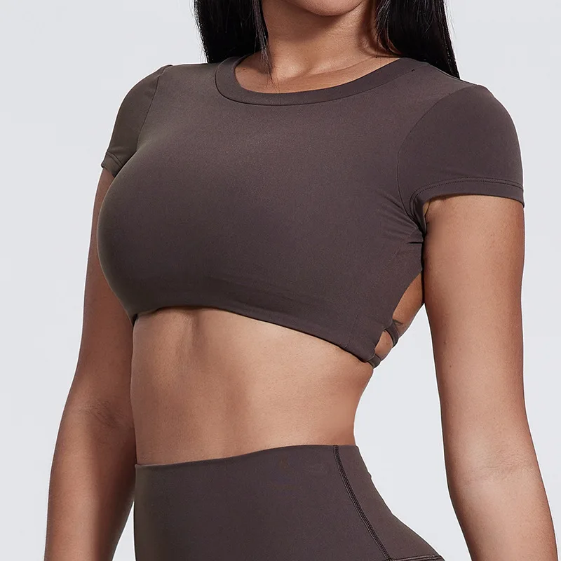 SHINBENE Sexy Back Cross Workout Crop T Shirt Tops Backless Gym Athletic T Shirts Built in Bra