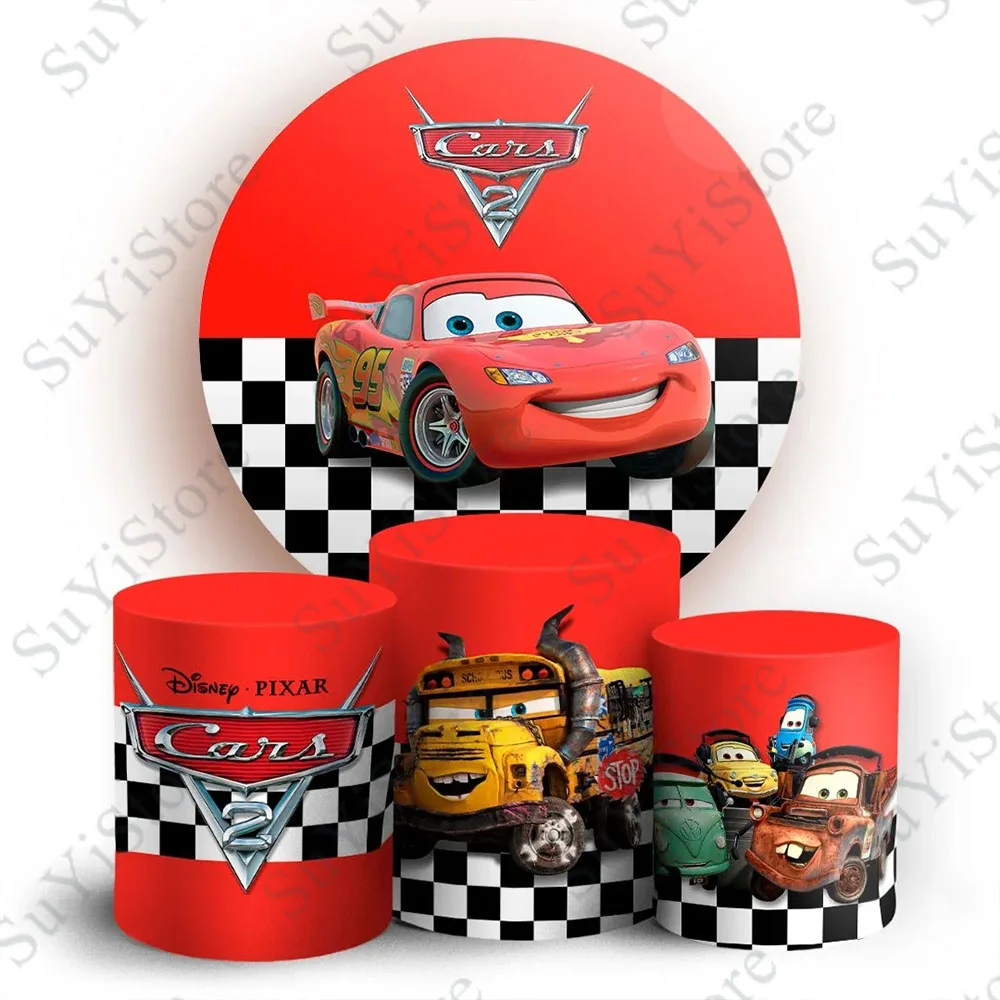 Disney Cars McQueen Round Backdrop Cover For Boys Birthday Party Baby Shower Circle Photo Background Booth Cylinder Covers