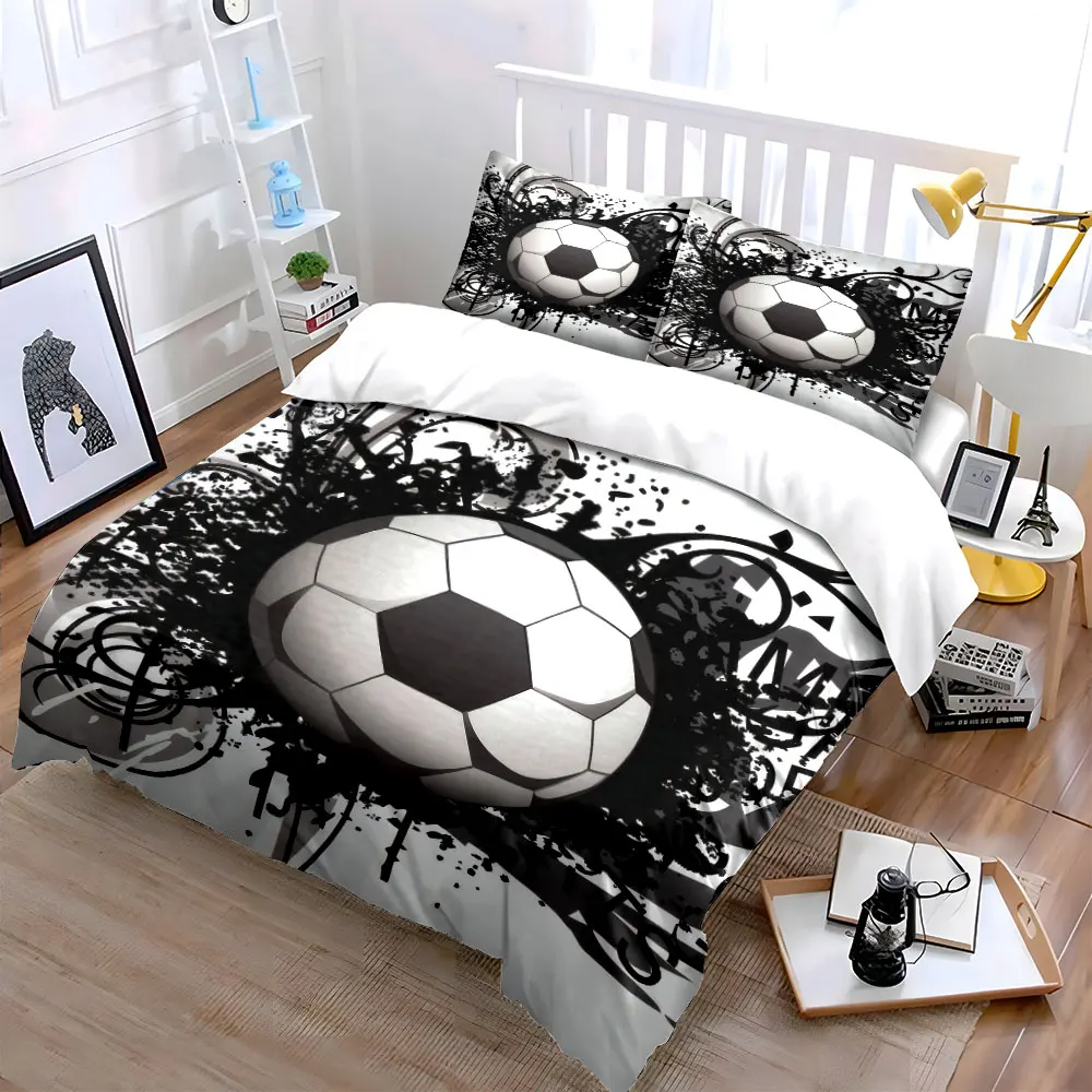 Black and White Grunge Soccer Ball 3PCS Bedding Set Soft Microfiber Duvet cover Pillowcase Set for Cool Sports Fans Bedroom