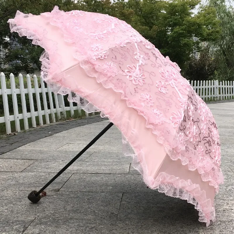 Embroidered Triple Fold Sun Umbrella, Double Layer Black Coating UV Protection Parasol, Portable Rain & Sun Umbrella for Travel