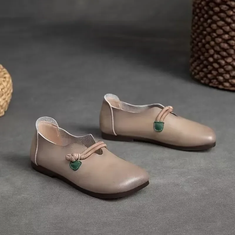 Zapatos planos de punta cuadrada para mujer, mocasines cosidos sin cordones, de cuero genuino, suela suave, cómodos, informales, franceses, a la