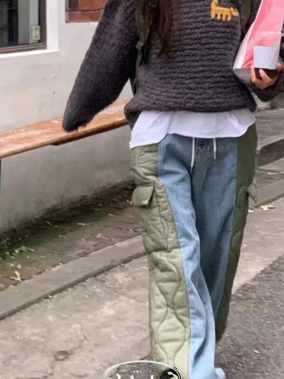 กางเกงผ้าฝ้ายเทียนสำหรับผู้หญิง แต่งเพชรแบบ Dstring ทรงขาตรง กางเกงขายาวอุ่นสำหรับฤดูหนาว ทันสมัย เหมาะสำหรับใส่ไปทำงาน