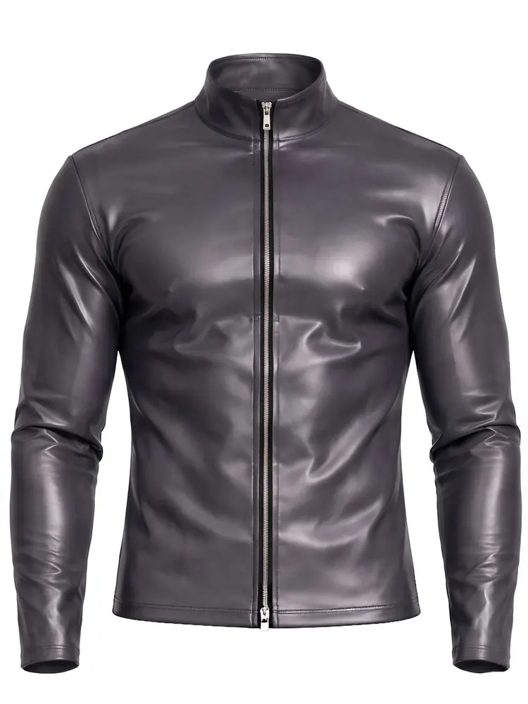 Fashion PU Double Side Men's T-shirts High Neck Cloth Latex Long Sleeve Front Zipper Open Nightclub Stage Wear Man Slim Tights