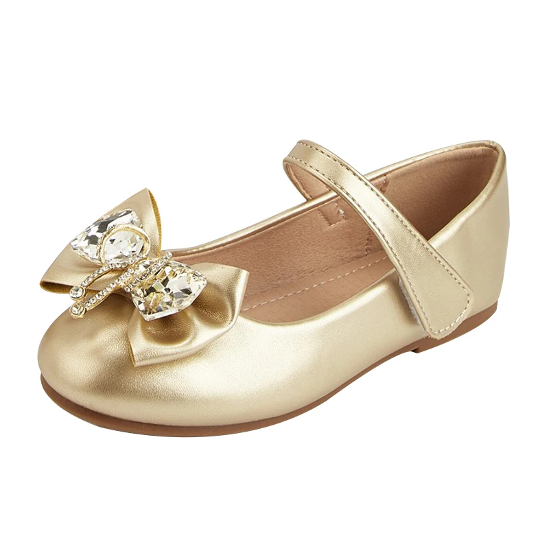 

Spring Girls Princess Round Toe Leather Shoes Crystal Bow Children's Shoes Soft Sole Anti-slip Footwear Kids Casual Shoes