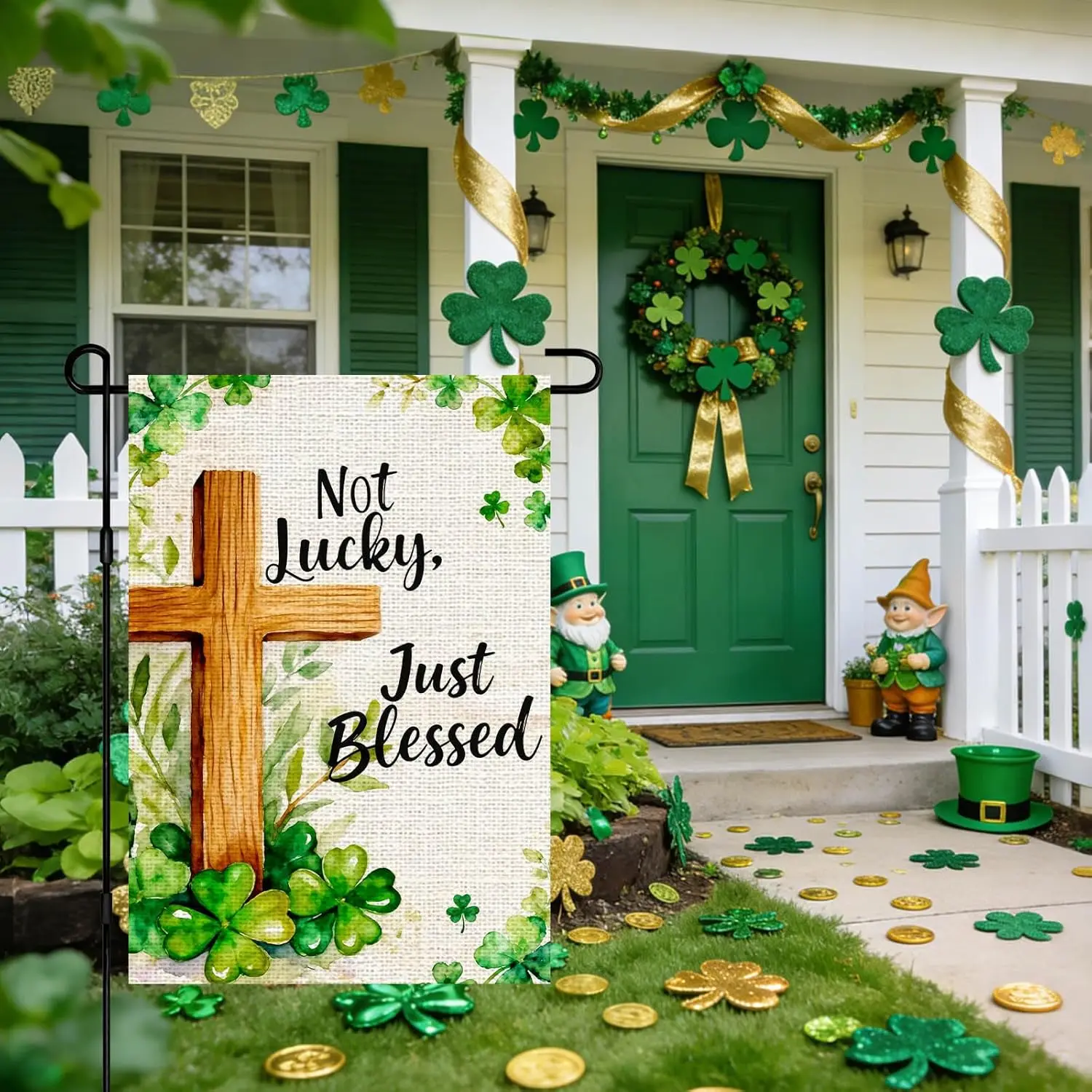 Happy St Patricks Day Garden Flag 12 x 18 Inch Burlap Yard Flag Double Sided Cross Shamrocks Decorative Flags For Home Outdo MMZ