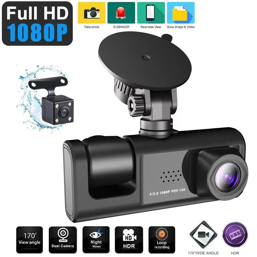 2 Inch Screen 1080P HD Triple Lens Dash Cam Front Rear Inside Simultaneous Display Backup Reverse Camera WiFi Car DVR