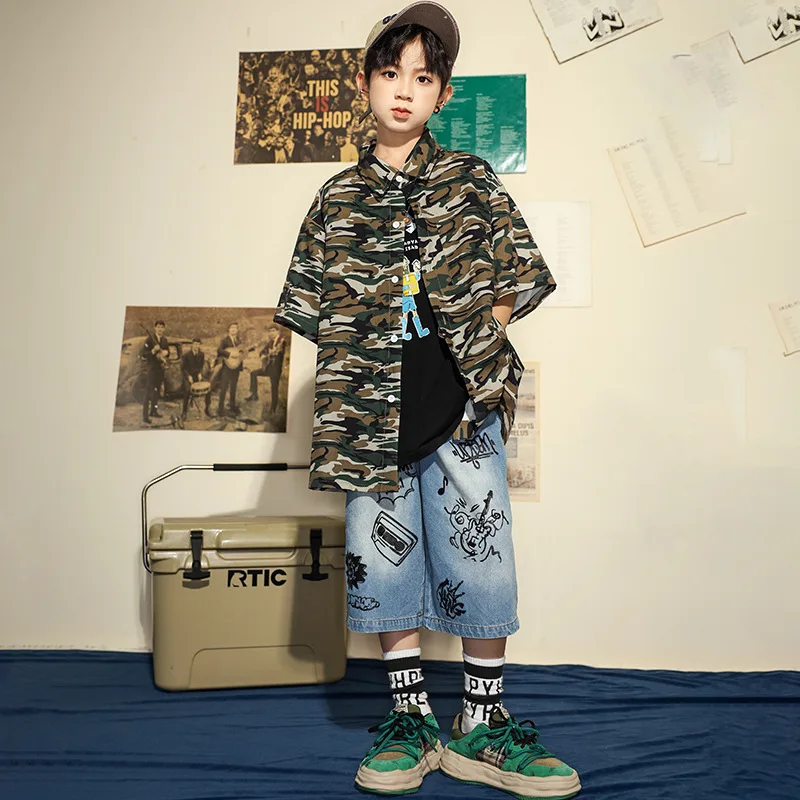 New Ballroom Hip Hop Dance Rave Clothes Loose Camo Shirts Denim Shorts Kpop Clothing for Teen Boys Jazz Performance Costumes