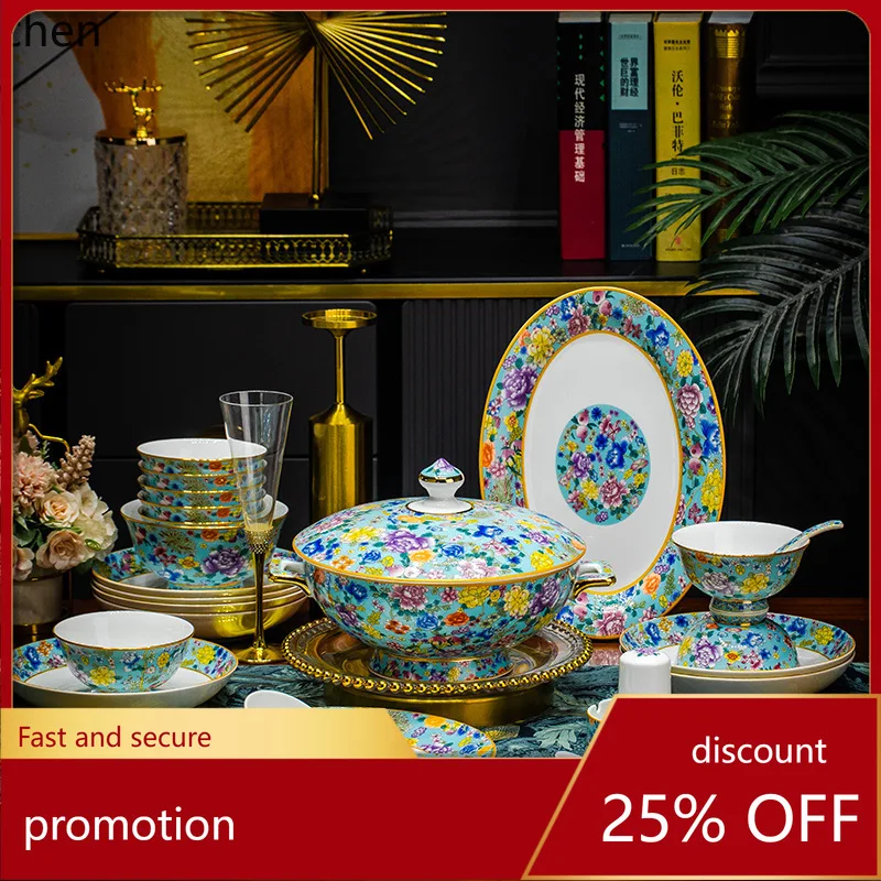 CZ Bone China Dinnerware Set Household Bowl Plate Set Chinese Style Housewarming Wedding Gift