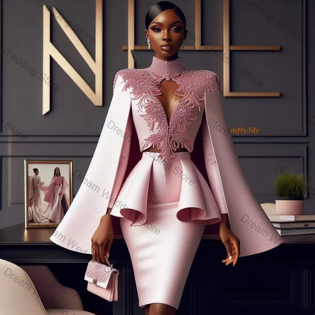 Pink Luxury Women Suit Set 2 Pcs Blazer+Prom Dress High Neck Cotton Formal Office Lady Jacket Customized Wedding Guest Coat