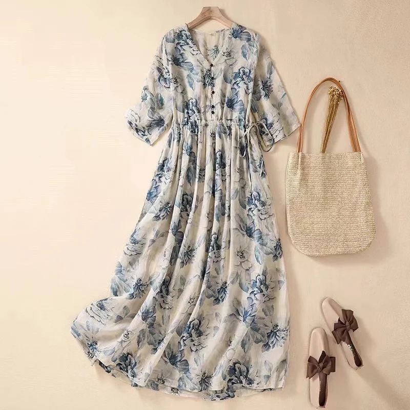 Elegant V-Neck Floral Printing Women Party Dresses 2024 New Summer Literary Vintage Beach Dresses Slim A-Line Maxi Dress