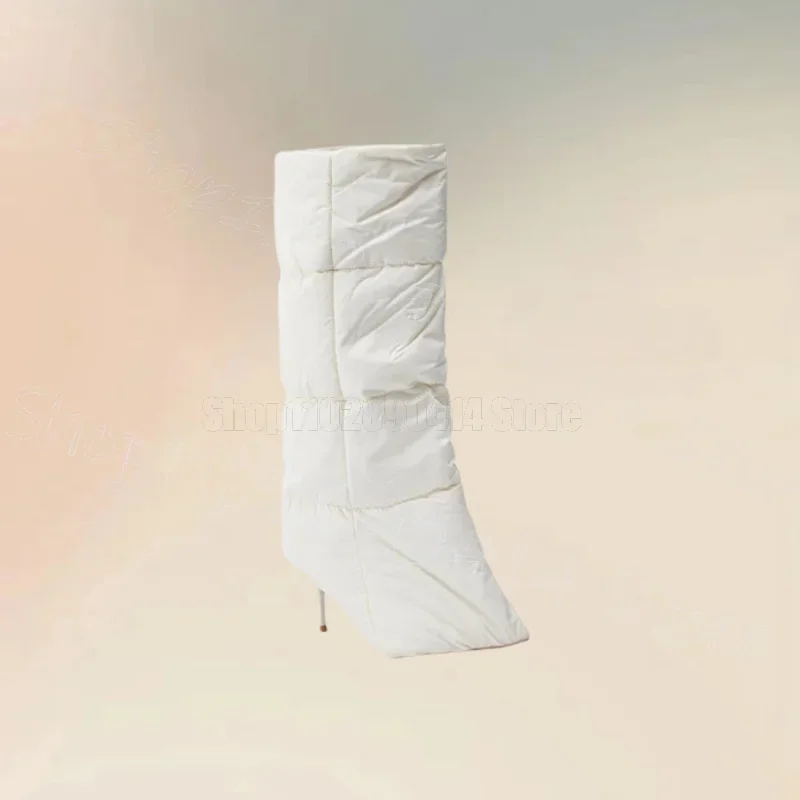 White Down Feather Design Large Cuff Boots Slip On Women Shoes Thin High Heels Pointed Toe Party Feast 2024 Zapatos Para Mujere