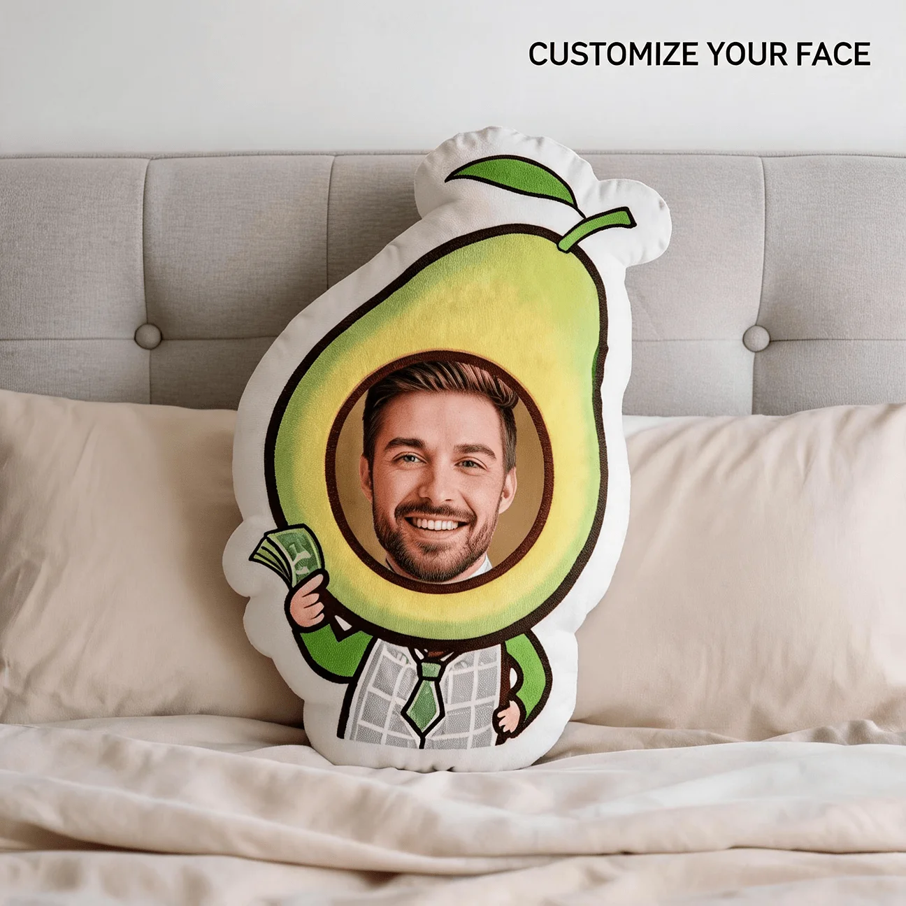 Custom Face Avocado Shaped Pillow, Funny Personalized Photo Decorative Cushion with Smiling for Man Portrait, Unique Home Decor