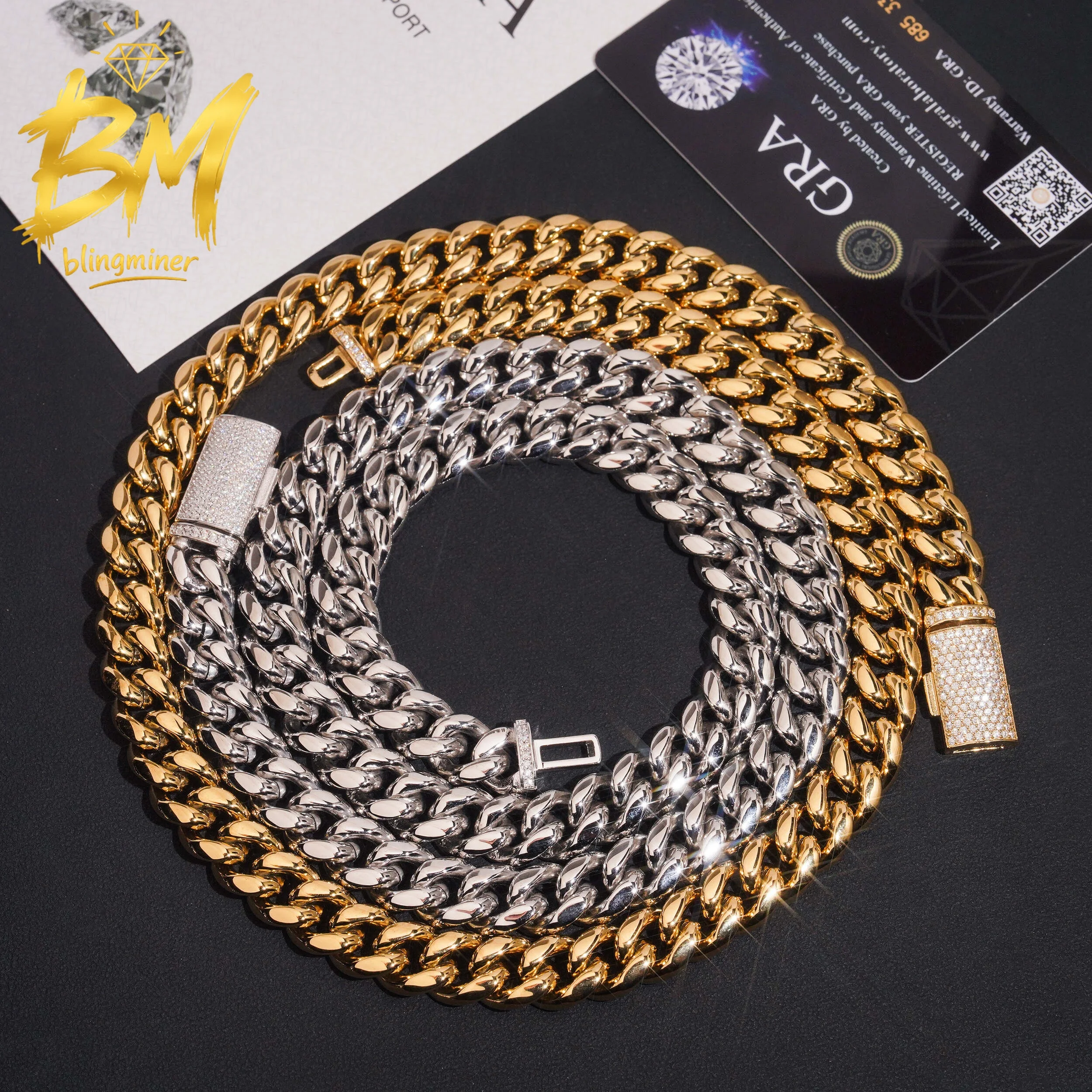 Blingminer 12MM Stainless Steel Moissanite Chain VVS Moissanite Clasp Cuban Link Chain For Men Jewelry Pass Diamonds Tester GRA