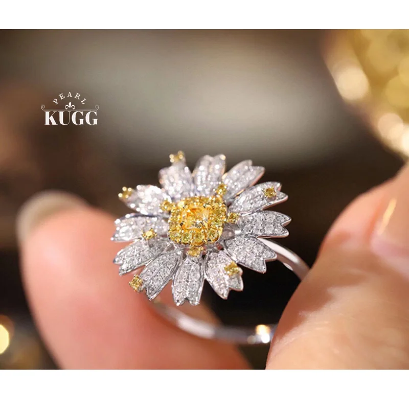 KUGG 100% 18K White Gold Rings Elegant Daisy Shape Real Natural Yellow Diamond Engagement Ring for Women High Wedding Jewelry