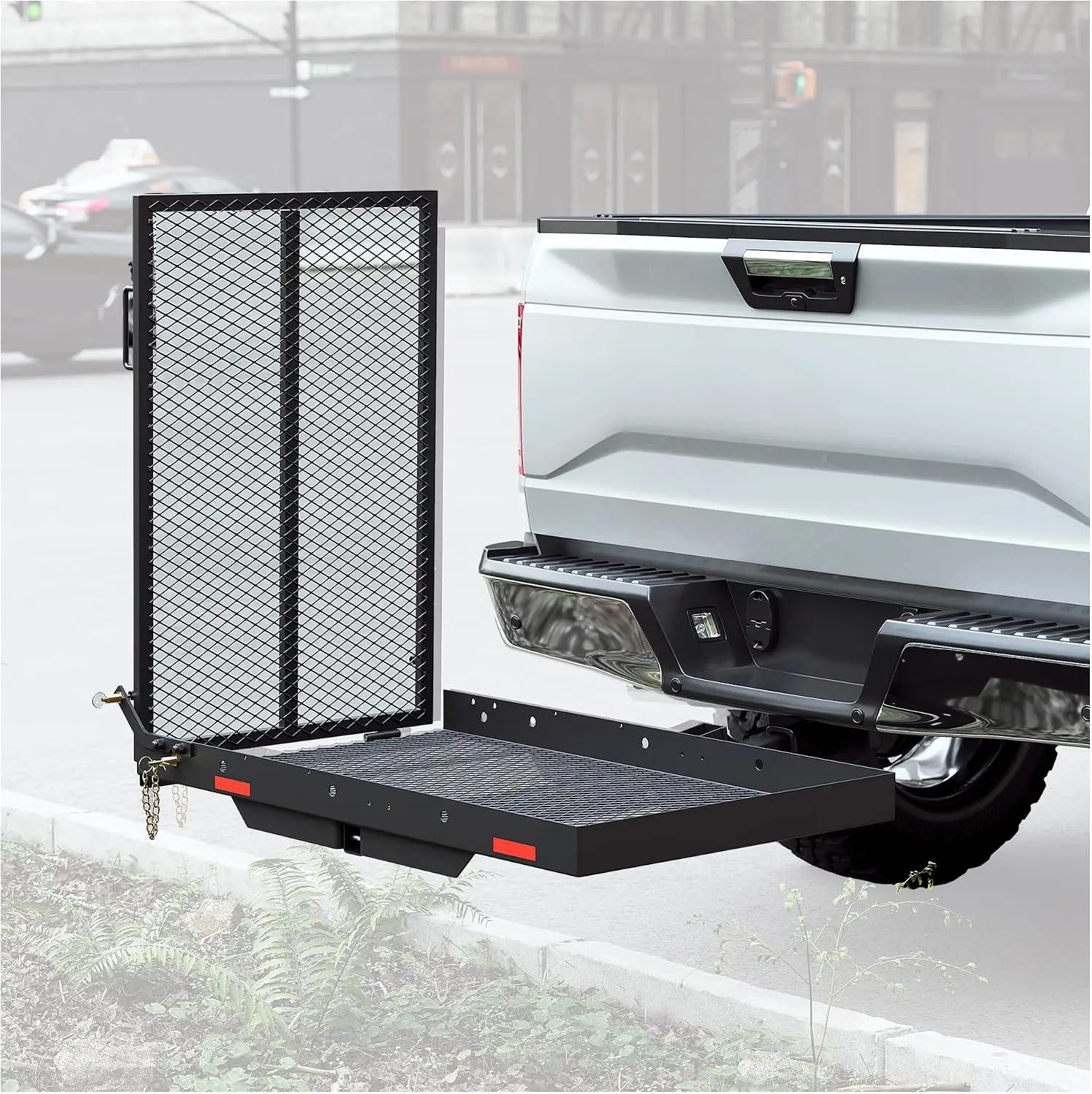 Heavy Duty Steel Hitch Mount Mobility Scooter Carrier Rack, Vehicle Cargo Basket Luggage Holder With Integrated Folding Loading Ramp, Outdoor Travel Utility, Black, 1 Piece
