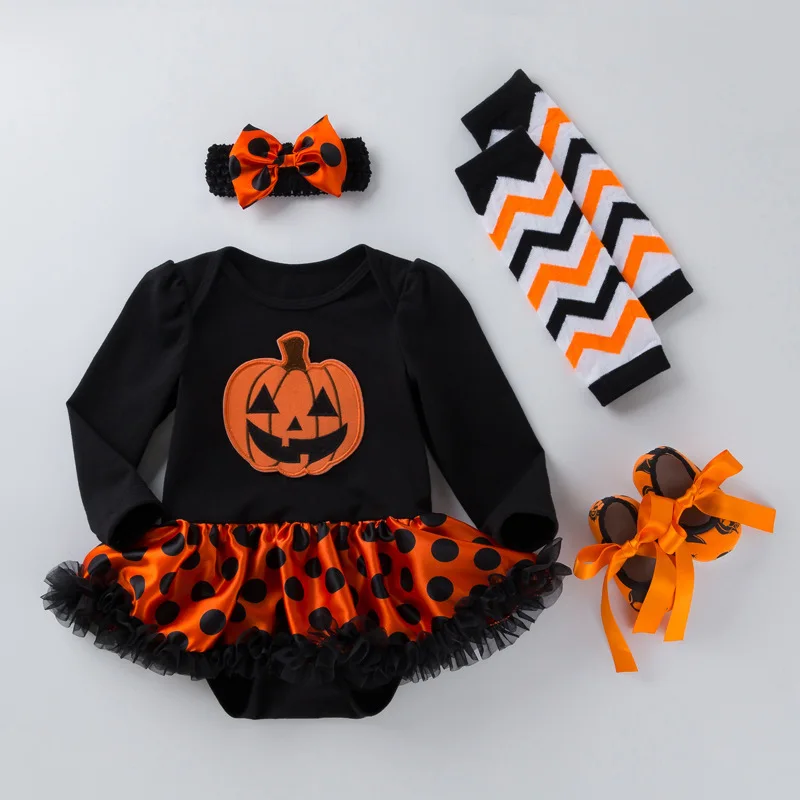 

Baby Girls Halloween Clothes Set Princess Kids Long-sleeve Pumpkin Skull Cartoon Romper Dresses+Headband+Shoes+Legging Pant Suit