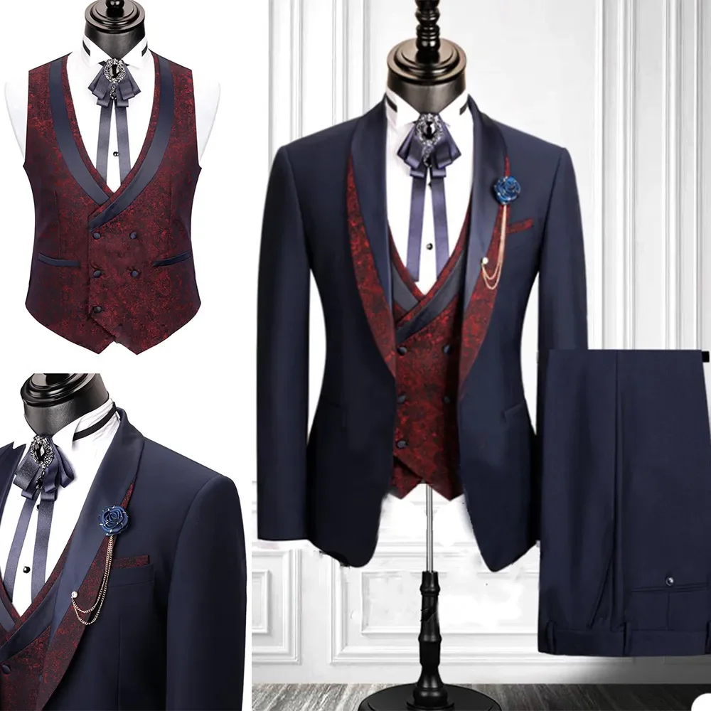 

2024 New Mens Suits 3 Pcs Printed Wedding Tuxedos Slim Fit Designer Groom Groomsmen Suit Mens Formal Wear (Jacket+Pants+Vest)