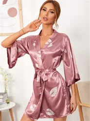 Womens Imitation Silk Bathrobe, Pink Leaf Printed Robe, Home Clothes, Summer