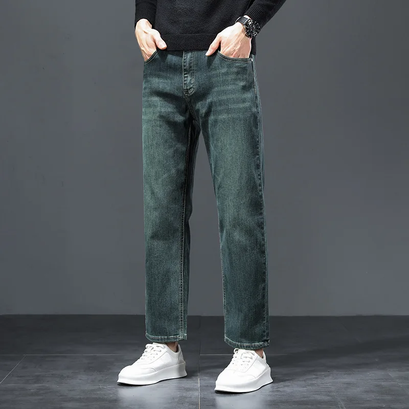 Winter Thick Stretch Slim Straight 8/10 Length Jeans Men's Petite Green Casual Trousers