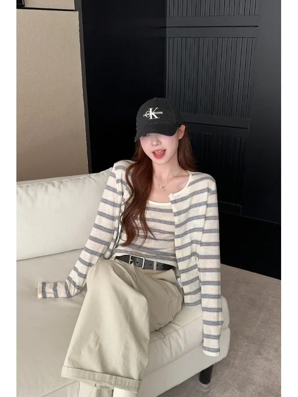 

Весенне-летний комплект: вязаный полосатый топ-камизоль и легкий кардиган с длинными рукавами, V-образным вырезом, повседневный стиль для женщин