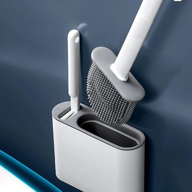 

2 in 1 Deep Cleaner Soft TPR Flexible Bristles Toilet Brush Holder with Long Non-Slip Plastic Handle Cleaning Tools for Bathroom