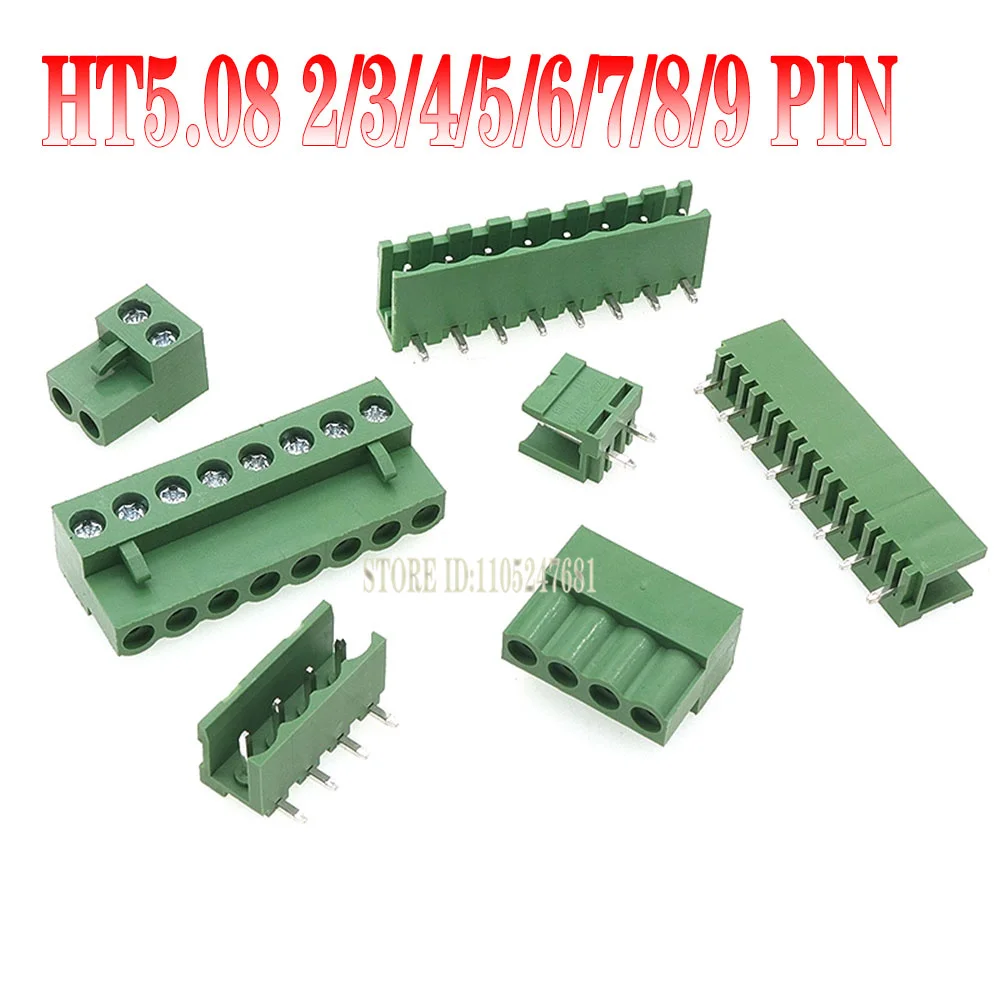 5/10set Ht5.08 2/3/4/5/6/7/8/9 Pin Right Angle Pcb Screw Terminal Block Connector 5.08mm Pitch Plug + Straight Pin Header Socket