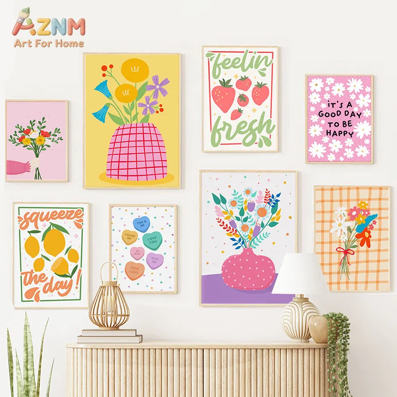 AZNM Cute Colorful Positive Quote Canvas Wall Art Cartoon Flower Vase Strawberry Lemon Sweet Heart Print Happy Preppy Style Bedr